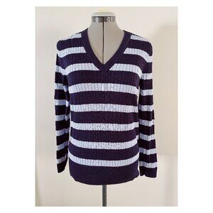 Tommy Hilfiger sz XL V Neck Cable Knit Sweater Light Blue and Navy Stripe
